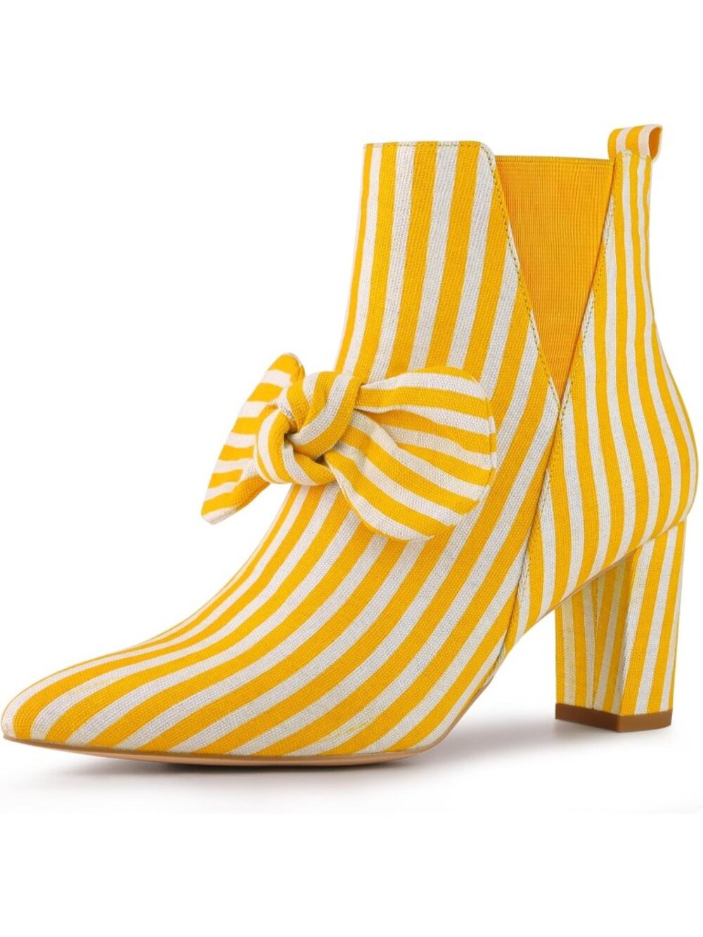Women's Yellow Comfortable Pointed Toe Zip Striped Chunky Heels Dess Ankle Boots